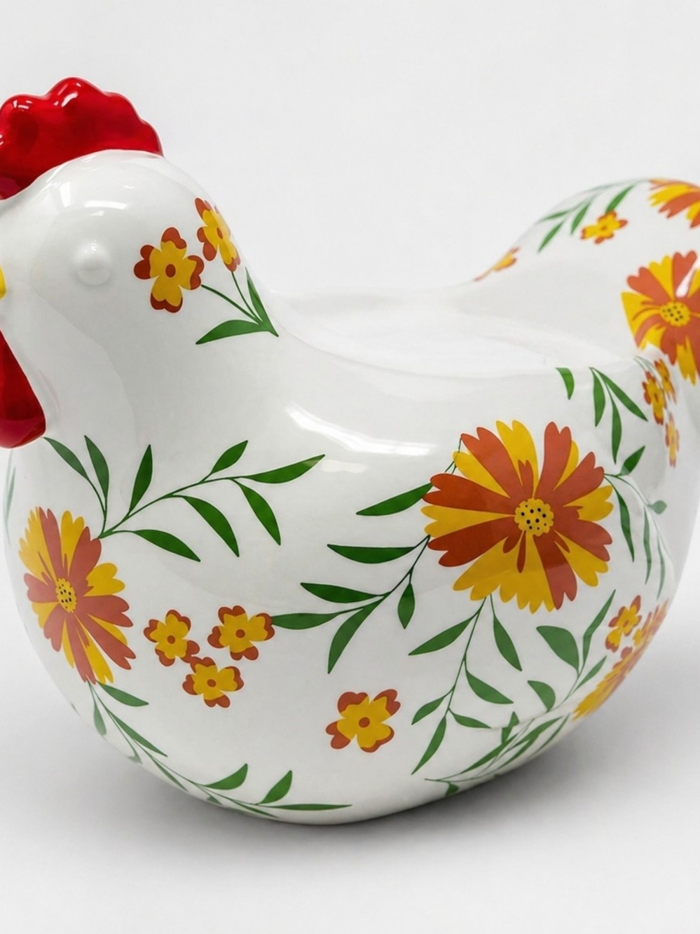 White Ceramic Floral Hen Figurine with Orange and Yellow Flowers